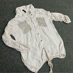 Off-White Soft Button Down Blouse Shirt Top Sequin Pockets Business Casual Sz S